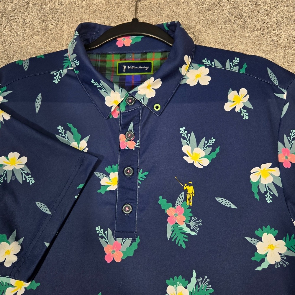 William Murray Men's Medium Performance Golf Polo Shirt Floral Print Blue